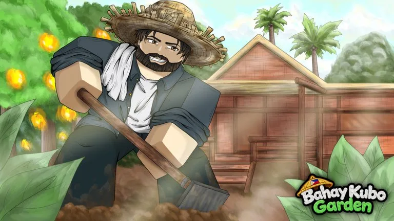 Official key art of a farmer with a straw hat and hoe, planting in front of a wooden bahay kubo, with an orange fruit tree and palms behind him.